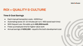 Time & Cost Savings
● Each manual transaction costs ~$200/hour
● Automating saves 10–15 minutes per run (~$50 saved each time)
● With frequent use, this adds up to $20,000/month
● Frees up employee time for higher-value work
● Annual savings of $250,000 – equal to the tool’s development cost
ROI = QUALITY& CULTURE
 
