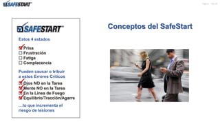 Pagina de 22
Estos 4 estados
 Prisa
 Frustración
 Fatiga
 Complacencia
Pueden causar o tribuir
a estos Errores Críticos
 Ojos NO en la Tarea
 Mente NO en la Tarea
 En la Línea de Fuego
 Equilibrio/Tracción/Agarre
…lo que incrementa el
riesgo de lesiones
Conceptos del SafeStart





7
 