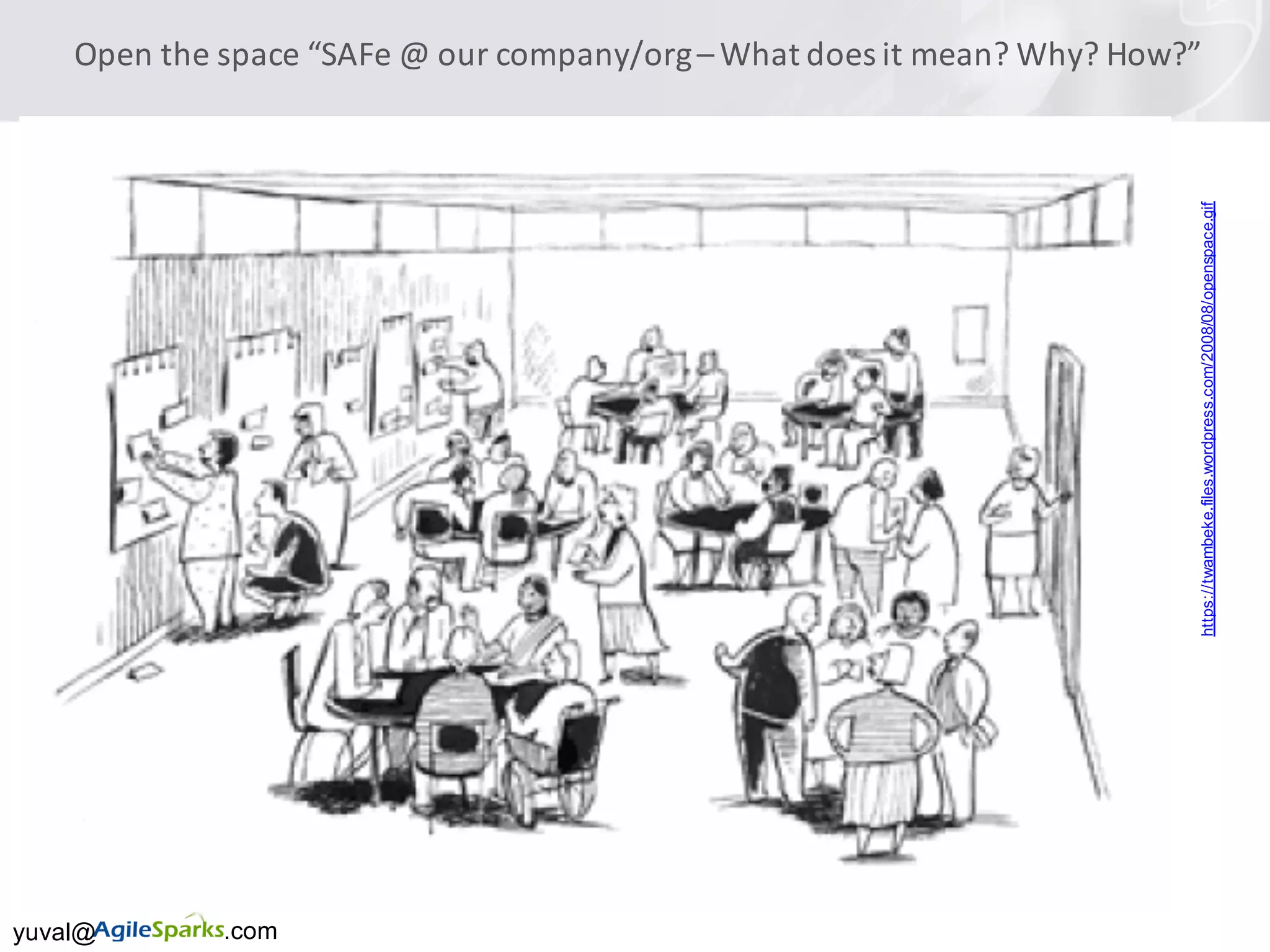 yuval@ .com
Open	the	space	“SAFe	@	our	company/org	– What	does	it	mean?	Why?	How?”
https://twambeke.files.wordpress.com/2008/08/openspace.gif
 