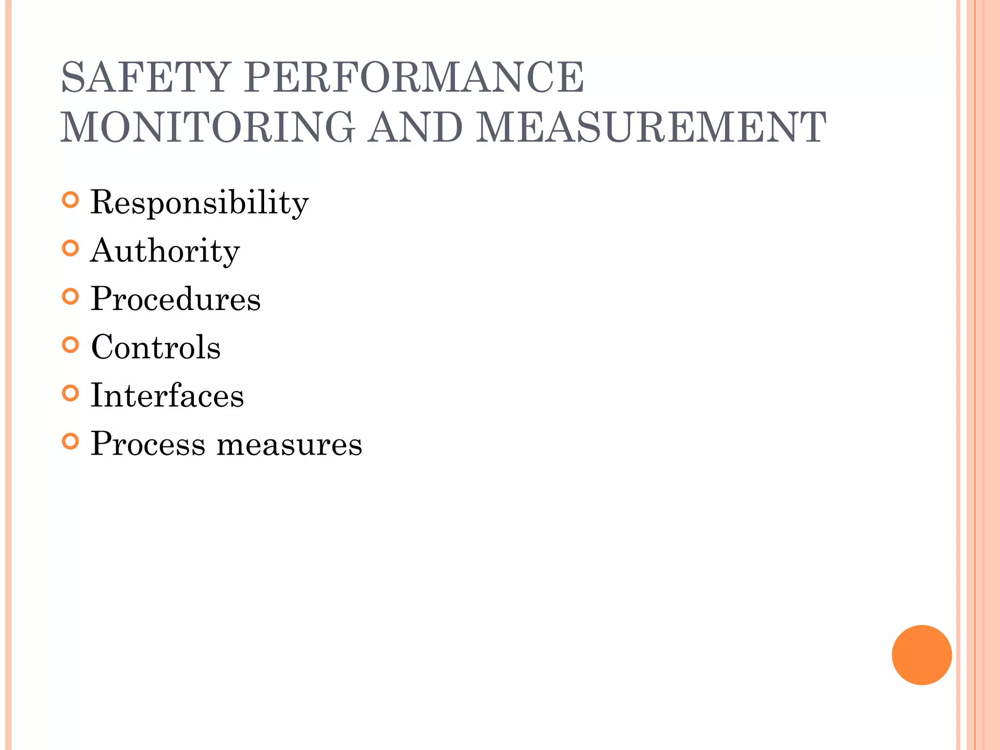 SAFETY PERFORMANCE MONITORING AND MEASUREMENT Responsibility Authority Procedures Controls Interfaces Process measures 