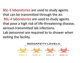 BSL-3 laboratories are used to study agents
that can be transmitted through the air.
BSL-4 laboratories are used to study agents
that pose a high risk of life-threatening disease,
aerosol-transmitted lab infections.
Lab personnel are required to to shower when
exiting the facility.
 