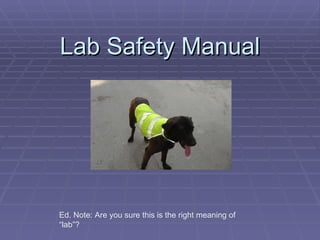 Lab Safety Manual Ed. Note: Are you sure this is the right meaning of “lab”?  