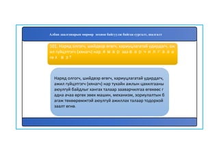 102
Наряд олгогч, шийдвэр өгөгч, хариуцлагатай удирдагч,
ажил гүйцэтгэгч (хянагч) нар тухайн ажлын цахилгааны
аюулгүй байдлыг хангах талаар зааварчилгаа өгөхөөс г
адна ачаа өргөх зөөх машин, механизм, зориулалтын б
агаж төхөөрөмжтэй аюулгүй ажиллах талаар тодорхой
заалт өгнө.
101. Наряд олгогч, шийдвэр өгөгч, хариуцлагатай удирдагч, аж
ил гүйцэтгэгч (хянагч) нар ямар зааварчилгаа ө
гөх вэ?
Албан даалгаварын мөрөөр зохион байгуулж байгаа сургалт, шалгалт
 
