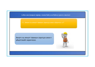 112
Хянагч нь хяналт тавихын зэрэгцээ ажил г
үйцэтгэхийг хориглоно.
111. Хянагч нь хяналт тавихын зэрэгцээ ажил гүйцэтгэх үү?
Албан даалгаварын мөрөөр зохион байгуулж байгаа сургалт, шалгалт
 