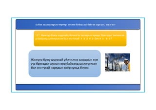 118
Жижүүр буюу шуурхай үйлчилгээ засварын хүм
үүс бригадыг ажлын өөр байранд шилжүүлсэн
бол энэ тухай нарядын хоёр хувьд бичнэ.
117. Жижүүр буюу шуурхай үйлчилгээ засварын хүмүүс бригадыг ажлын өө
р байранд шилжүүлсэн бол энэ тухай хаана бичих вэ?
Албан даалгаварын мөрөөр зохион байгуулж байгаа сургалт, шалгалт
 