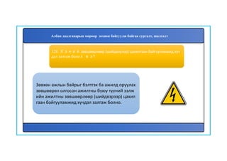 129
Зөвхөн ажлын байрыг бэлтгэх ба ажилд оруулах
зөвшөөрөл олгосон ажилтны буюу түүний ээлж
ийн ажилтны зөвшөөрлөөр (шийдвэрээр) цахил
гаан байгууламжид хүчдэл залгаж болно.
128. Хэний зөвшөөрлөөр (шийдвэрээр) цахилгаан байгууламжид хүч
дэл залгаж болох вэ?
Албан даалгаварын мөрөөр зохион байгуулж байгаа сургалт, шалгалт
 