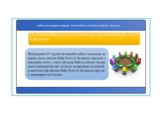 15
Жижүүрийн IY групптэй өөрийн албан тушаалын за
аврын дагуу ажлын байр бэлтгэх ба ажилд оруулах з
өвшөөрөл өгөгч, эсвэл үйлдвэр байгууллагын захирг
ааны шийдвэрээр эрх олгосон захиргааны техникий
н ажилтан нар ажлын байр бэлтгэх ба ажилд оруула
х зөвшөөрөл өгч болно.
14. Ажлын байр бэлтгэх ба ажилд оруулах зөвшөөрлийг хэн өг
ч болох вэ?
Албан даалгаварын мөрөөр зохион байгуулж байгаа сургалт, шалгалт
 