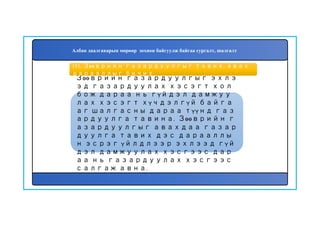 152
Зөөврийн газардуулгыг эхлэ
эд газардуулах хэсэгт хол
бож дараа нь гүйдэл дамжуу
лах хэсэгт хүчдэлгүй байга
аг шалгасны дараа түүнд газ
ардуулга тавина. Зөөврийн г
азардуулгыг авахдаа газар
дуулга тавих дэс дарааллы
н эсрэг үйлдлээр эхлээд гүй
дэл дамжуулах хэсгээс дар
аа нь газардуулах хэсгээс
салгаж авна.
151. Зөөврийн газардуулгыг тавих, авах
дарааллыг бичих
Албан даалгаварын мөрөөр зохион байгуулж байгаа сургалт, шалгалт
 