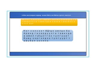 169
Нэг хэлхээт АШ-ын ажлын ба
йранд газардуулга тавихда
а ажил гүйцэтгэх тулгуурт
буюу зэргэлдээ тулгуурт т
авьбал зохино.
168. Нэг хэлхээт АШ-ын ажлын байранд га
зардуулга тавихдаа хаана тавьбал з
охих вэ?
Албан даалгаварын мөрөөр зохион байгуулж байгаа сургалт, шалгалт
 