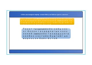 174
Тоног төхөөрөмжийн хийц хэс
эг болон газардлагын хэлх
ээний зөөврийн газардуулга
холбох хэсгийн будгийг цэ
вэрлэсэн байх ёстой.
173. Тоног төхөөрөмжийн хийц хэсэг боло
н газардлагын хэлхээний зөөврийн га
зардуулга холбох хэсгийн будгийг ц
эвэрлэсэн байх ёстой.
Албан даалгаварын мөрөөр зохион байгуулж байгаа сургалт, шалгалт
 