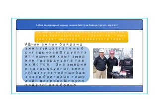 179
АШ-ын ажлын байранд
ажил гүйцэтгэгч нь б
ригадынхаа III групптэ
й 1 гишүүний хамт зөөвр
ийн газардуулга тав
их ёстой. Энэ зөөврий
н газардуулгыг ажил
гүйцэтгэгчийн шийдв
эрээр бригадын гишүү
дийн дотроос III групп
тэй 2 хүн авч болно.
178. АШ-ын ажлын байранд ажил гүйцэтгэ
гч нь бригадынхаа .......... групптэй ... гишүү
ний хамт зөөврийн газардуулга тавих
ёстой.
Албан даалгаварын мөрөөр зохион байгуулж байгаа сургалт, шалгалт
 