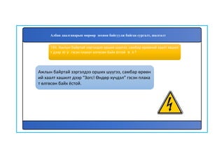 185
Ажлын байртай зэргэлдээ орших шүүгээ, самбар өрөөн
ий хаалт хашилт дээр “Зогс! Өндөр хүчдэл” гэсэн плака
т өлгөсөн байх ёстой.
184. Ажлын байртай зэргэлдээ орших шүүгээ, самбар өрөөний хаалт хашил
т дээр юу гэсэн плакат өлгөсөн байх ёстой вэ?
Албан даалгаварын мөрөөр зохион байгуулж байгаа сургалт, шалгалт
 