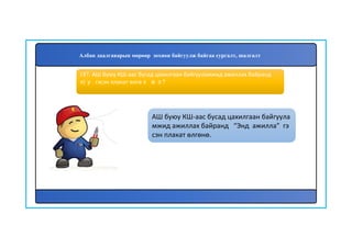 188
АШ буюу КШ-аас бусад цахилгаан байгуула
мжид ажиллах байранд “Энд ажилла” гэ
сэн плакат өлгөнө.
187. АШ буюу КШ-аас бусад цахилгаан байгууламжид ажиллах байранд
юу гэсэн плакат өлгөх вэ?
Албан даалгаварын мөрөөр зохион байгуулж байгаа сургалт, шалгалт
 
