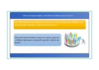 27
Шуурхай ажиллагааны хүмүүсээс ажилд оруулаг
ч байвал бригадын гишүүний үүргийг гүйцэтгэж
болно.
26. Шуурхай ажиллагааны хүмүүсээс ажилд оруулагч байвал хэн
ий үүргийг хавсран гүйцэтгэж болох вэ?
Албан даалгаварын мөрөөр зохион байгуулж байгаа сургалт, шалгалт
 