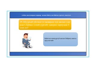 30
Байнгын жижүүргүй ажлын байранд ажилд
оруулагчийг
29. Шуурхай үйлчилгээ-засварын хүн ажлын уди
рдагч байвал хэний үүргийг хавсран хариуцаж б
олох вэ?
Албан даалгаварын мөрөөр зохион байгуулж байгаа сургалт, шалгалт
 