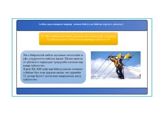 57. ХБ-д байрлалтай кабель шугамын төгсгөлийн муфт, үзүүрлэлт
эд хийгдэх ажлыг хэний олгосон нарядаар гүйцэтгэх вэ?
ХБ-д байрлалтай кабель шугамын төгсгөлийн м
уфт, үзүүрлэлтэд хийгдэх ажлыг ХБ-ын ашигла
лт үйлчилгээ хариуцдаг хүмүүсийн олгосон нар
ядаар гүйцэтгэнэ.
Хэрэв ХБ, КШ хоёр өөр байгууллагын эзэмшил
д байдаг бол дээр дурдсан ажлыг энэ дүрмийн
12 дугаар бүлэгт тусгагдсан шаардлагын дагуу
гүйцэтгэнэ.
Албан даалгаварын мөрөөр зохион байгуулж байгаа сургалт, шалгалт
 