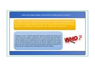6
Аваари устгах, түүний уршигийг арилгах зайлшгүй шаардлага
тай тохиолдолд наряд, шийдвэр өгөх эрх бүхий ажилтан байхг
үй бол наряд олгох, шийдвэр өгөх үүргийг шуурхай ажиллагаа
ны IY групптэй ажилтан гүйцэтгэж болно. Наряд олгох, шийд
вэр өгөх эрх бүхий шуурхай ажиллагааны ажилтны нэрсийг ба
йгууллагын удирдлагын шийдвэрээр баталсан байна.
5. Аваари устгах, түүний уршигийг арилгах зайлшгүй шаардлагатай
тохиолдолд наряд, шийдвэр өгөх эрх бүхий ажилтан байхгүй бол на
ряд олгох, шийдвэр өгөх үүргийг хэн гүйцэтгэж болох вэ?
Албан даалгаварын мөрөөр зохион байгуулж байгаа сургалт, шалгалт
 