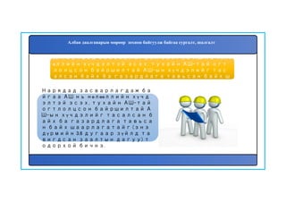 61. Нарядад засварлагдаж байгаа АШ нь нөлө
өллийн хүчдэлтэй эсэх, тухайн АШ-тай огт
лолцсон байршилтай АШ-ын хүчдэлийг тас
алсан байх ба газардлага тавьсан байх ш
аарлагатайг бичих үү?
Нарядад засварлагдаж ба
йгаа АШ нь нөлөөллийн хүчд
элтэй эсэх, тухайн АШ-тай
огтлолцсон байршилтай А
Ш-ын хүчдэлийг тасалсан б
айх ба газардлага тавьса
н байх шаарлагатайг (энэ
дүрмийн 3.6 дугаар зүйлд та
вигдсан заалтын дагуу) т
одорхой бичнэ.
Албан даалгаварын мөрөөр зохион байгуулж байгаа сургалт, шалгалт
 