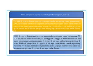 75. 1000 В хүртэл болон түүнээс дээш хүчдэлийн цахилгаан тоног төхөөрөмж,
ХХБ, цахилгаан тоноглолын гүйдэл дамжуулах хэсгүүд нь хаалт хашилттай нө
хцөлд өрөө тасалгааны коридорыг хэддүгээр групптэй нэг хүн шийдвэрээр цэв
эрлэж болох вэ? ИХБ-ын цэвэрлэгээг хэддүгээр групптэй нэг хүн хийж болох
вэ?
1000 В хүртэл болон түүнээс дээш хүчдэлийн цахилгаан тоног төхөөрөмж, Х
ХБ, цахилгаан тоноглолын гүйдэл дамжуулах хэсгүүд нь хаалт хашилттай нөх
цөлд өрөө тасалгааны коридорыг II групптэй нэг хүн шийдвэрээр цэвэрлэж б
олно. ИХБ-ын цэвэрлэгээг III групптэй нэг хүн хийж болно. 1000 В хүртэл хү
чдэлийн тус тусдаа барлалтай хуваарилах шит, хайрцаг байрлуулсан өрөө тас
алгааны цэвэрлэгээг II групптэй нэг хүн хийж болно.
Албан даалгаварын мөрөөр зохион байгуулж байгаа сургалт, шалгалт
 