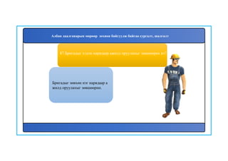 88
Бригадыг зөвхөн нэг нарядаар а
жилд оруулахыг зөвшөөрнө.
87.Бригадыг хэдэн нарядаар ажилд оруулахыг зөвшөөрөх вэ?
Албан даалгаварын мөрөөр зохион байгуулж байгаа сургалт, шалгалт
 