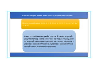 99
Ажил эхлэхийн өмнө тухайн тодорхой ажлыг аюулгүй г
үйцэтгэх талаар наряд олгогчоос бригадын гишүүд хүрт
эл аюулгүй ажиллагаа хариуцагч нар нь шат дараалан т
ухайлсан зааварчилгаа өгнө. Тухайлсан зааварчилгаа ө
гөлгүй ажилд оруулахыг хориглоно.
98.Ажил эхлэхийн өмнө ямар зааварчилгаа өгөгдө
х вэ?
Албан даалгаварын мөрөөр зохион байгуулж байгаа сургалт, шалгалт
 