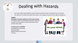 • 
You have a legal responsibility to report hazards, protect yourself, and protect your co-workers 
• 
Pay attention to health and safety information, and recognize situations that might be dangerous 
WHMIS: 
Workplace Hazardous Materials Information System 
A Canadian system of identifying hazardous materials, to make sure all workers have the information they need to work safely 
4 Components of WHMIS: 
Classification and Symbols 
Warning Labels 
Material Safety Data Sheets 
Training 
 