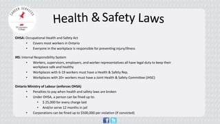 OHSA: Occupational Health and Safety Act 
• 
Covers most workers in Ontario 
• 
Everyone in the workplace is responsible for preventing injury/illness 
IRS: Internal Responsibility System 
• 
Workers, supervisors, employers, and worker representatives all have legal duty to keep their workplace safe and healthy 
• 
Workplaces with 6-19 workers must have a Health & Safety Representative 
• 
Workplaces with 20+ workers must have a Joint Health & Safety Committee (JHSC) 
Ontario Ministry of Labour (enforces OHSA) 
•Penalties to pay when health and safety laws are broken 
•Under OHSA, a person can be fined up to: 
•$ 25,000 for every charge laid 
•And/or serve 12 months in jail 
•Corporations can be fined up to $500,000 per violation (if convicted)  