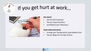 YOU MUST: 
• 
Get First Aid Treatment 
• 
Tell your Supervisor/Boss 
• 
Get Medical Care if Necessary 
YOUR EMPLOYER MUST: 
•Arrange your Transportation to get Medical Care 
•Pay you Wages for the Day of Injury  