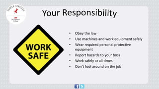 • 
Obey the law 
• 
Use machines and work equipment safely 
• 
Wear required personal protective equipment 
• 
Report hazards to your boss 
• 
Work safely at all times 
• 
Don’t fool around on the job  