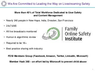 1
We Are Committed to Leading the Way on Livestreaming Safety
More than 45% of Total Workforce Dedicated to User Safety
and Content Management
• Nearly 240 people in New Hope, India, Dresden, San Francisco
• 24x7x365
• All live broadcasts monitored
• Human & algorithmic review
• Required to be 18+
• Best practice sharing with industry:
FOSI Members Group (Facebook, Amazon, Twitter, LinkedIn, Microsoft)
Member Hack 360 – an effort led by Microsoft to prevent child abuse
 