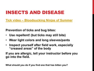 INSECTS AND DISEASE
Tick video – Bloodsucking Ninjas of Summer
Prevention of ticks and bug bites:
• Use repellent! (but ticks may still bite)
• Wear light colors and long sleeves/pants
• Inspect yourself after field work, especially
“creased areas” of the body
If you are allergic, tell your instructor before you
go into the field.
What should you do if you find one that has bitten you?
 