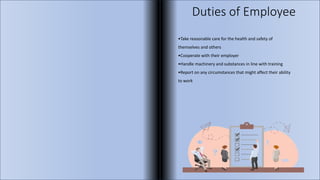 Duties of Employee
•Take reasonable care for the health and safety of
themselves and others
•Cooperate with their employer
•Handle machinery and substances in line with training
•Report on any circumstances that might affect their ability
to work
 