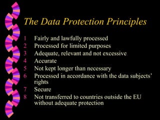The Data Protection Principles Fairly and lawfully processed Processed for limited purposes Adequate, relevant and not excessive Accurate Not kept longer than necessary Processed in accordance with the data subjects’ rights Secure Not transferred to countries outside the EU without adequate protection 