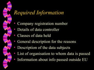 Required Information Company registration number Details of data controller Classes of data held General description for the reasons Description of the data subjects List of organisation to whom data is passed Information about info passed outside EU 