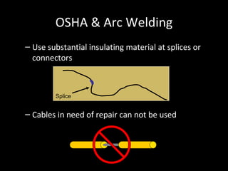 OSHA & Arc Welding Use substantial insulating material at splices or connectors Cables in need of repair can not be used Splice 