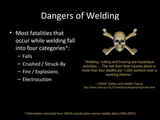 Dangers of Welding Most fatalities that occur while welding fall into four categories * : Falls Crushed / Struck-By Fire / Explosions Electrocution “ Welding, cutting and brazing are hazardous activities ... The risk from fatal injuries alone is more than four deaths per 1,000 workers over a working lifetime.” OSHA Safety and Health Topics http://www.osha.gov/SLTC/weldingcuttingbrazing/index.html * Information extracted from OSHA construction worker fatality data (1990-2007) 
