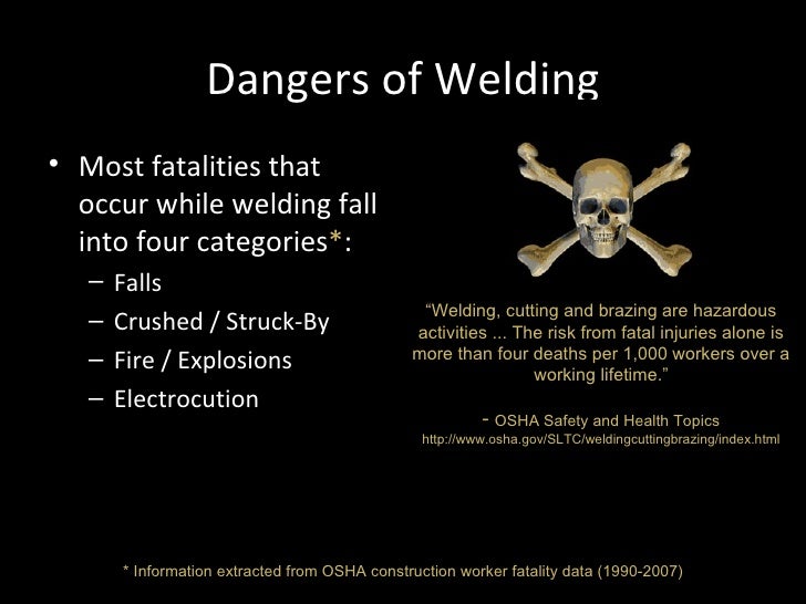 health and safety in welding Welder health and safety hazards welder health and safety hazards health and safety hazards for welders include: 1 chemical hazards welding creates fumes which are a complex mixture of metallic oxides, silicates and fluorides. health and safety in welding Welder health and safety hazards welder health and safety hazards health and safety hazards for welders include: 1 chemical hazards welding creates fumes which are a complex mixture of metallic oxides, silicates and fluorides.