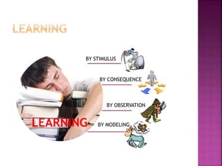 LEARNING
BY STIMULUS
BY CONSEQUENCE
BY OBSERVATION
BY MODELING
 