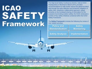 The High-level Safety Conference (HLSC), held at ICAO
Headquarters in Montreal in March 2010, provided
recommendations to help further reduce the global accident
rate through the early detection and proactive mitigation of
safety risks. Adopting a collaborative approach, based
primarily on the increased sharing of information for the
purpose of promoting aviation safety, the HLSC endorsed a
number of key safety initiatives contained within the ICAO
Safety Framework.

The Safety Framework includes the following four areas of
inter related activities:

   Policy and                         Safety
 Standardization                     Monitoring

  Safety Analysis                Implementation
 