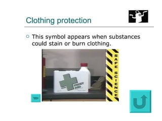 Clothing protection This symbol appears when substances could stain or burn clothing. 