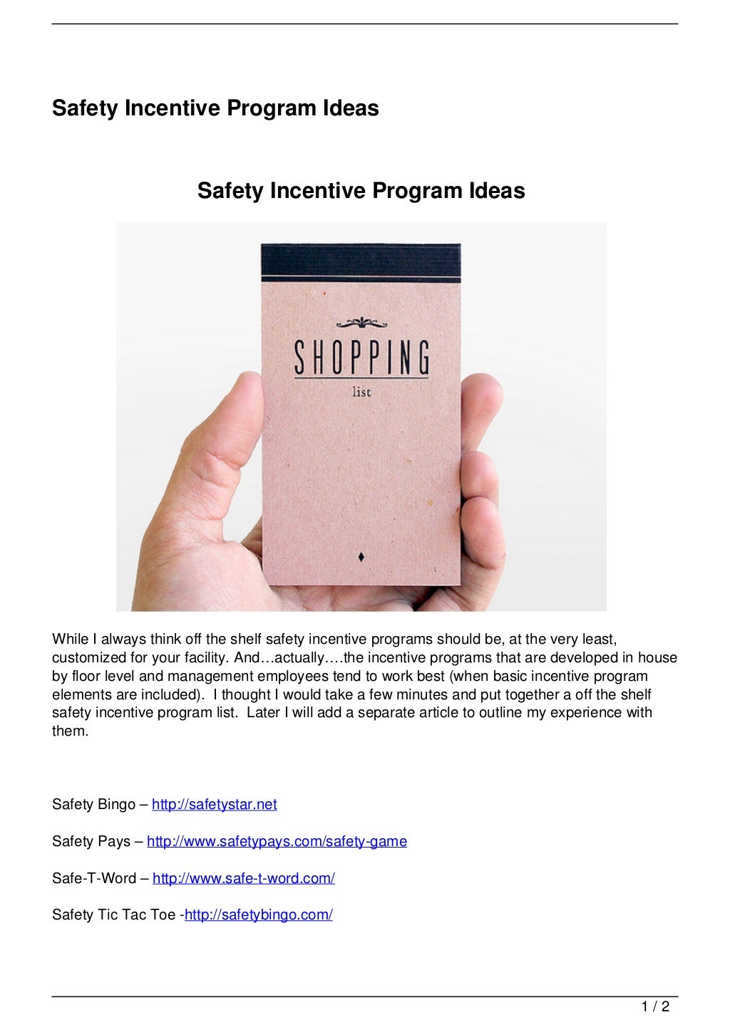 Safety Incentive Program Ideas