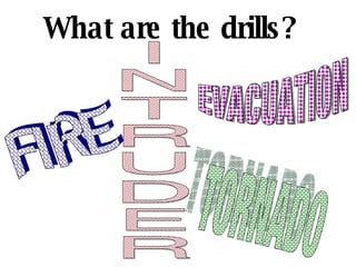 What are the drills? FIRE TORNADO INTRUDER EVACUATION 