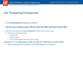 DEPARTMENT OR UNIT NAME. DELETE FROM MASTER SLIDE IF N/A
Life Threatening Emergencies
 For all life-threatening emergencies call 9-1-1
 Tell them your building number (CHE 723, NSC 634, PS&T 746, Student Center 958)
 Stay on line with dispatcher and answer all questions until they tell you it’s ok to hang up.
 Tell witnesses (if applicable or able):
 To get the AED
 To get first aid kit
 To wait for the ambulance at the main road – to direct
Anytime 9-1-1 is called please notify me (352-231-6968 (cell)) and Dr. Rinaldi
 Refer all news agencies to the UPD or UF HWCOE MarComm for a statement.
 