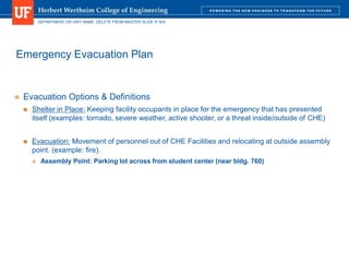 DEPARTMENT OR UNIT NAME. DELETE FROM MASTER SLIDE IF N/A
Emergency Evacuation Plan
 Evacuation Options & Definitions
 Shelter in Place: Keeping facility occupants in place for the emergency that has presented
itself (examples: tornado, severe weather, active shooter, or a threat inside/outside of CHE)
 Evacuation: Movement of personnel out of CHE Facilities and relocating at outside assembly
point. (example: fire).
 Assembly Point: Parking lot across from student center (near bldg. 760)
 