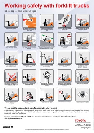 Working safely with forklift trucks
25 simple and useful tips




     Inspect the forklift before use.       After use, always apply the handbrake,           Only authorized and duly trained          Only drive in areas that are designated   Make sure you have a clear view while
                                            switch off forklift and remove key from         persons are allowed to drive forklift                  for forklift traffic.             driving forward or backward.
                                                         ignition switch.                                 trucks.




                                                                                                                                                                       !



                                                               !
      Keep a safe distance from             Always look around and brake in good      When driving up and down slopes, always drive            Always anticipate the               Use only load supports and other
   loading and unloading platforms.         time. Use the horn when your view is       with the load on the uphill side and slightly               unexpected.                          attachments which are
                                                         obstructed.                    raised. Never execute a turn on a slope.                                                    designed for use with forklifts.




      Only handle loads that are              Take special care when securing              Take note of the increased risk when          Never allow any passengers on a              For lifting persons, only use
     stable and properly secured.                    abnormal loads.                               working near racks.                             forklift truck.                     accessories designed and
                                                                                                                                                                                       approved for this purpose.




Never switch off LPG forklift trucks in a   Park forklift truck in designated area           Wearing seat belts is mandatory on         Always ensure that the load is stable       Never stand under raised forks.
confined space. Close gas tap on LPG              and in a proper manner.                    forklifts that have open cabs and no      and placed as close as possible to the
        tank when not in use.                                                                               crash bars.                           load backrest.




                                                                                                                                                                                                                         This poster is meant to illustrate the correct way of operating the machine(s) shown on the poster. Toyota Material Handling Europe has taken the utmost care in compiling this poster. Users of forklift trucks remain responsible for their own behaviour. No rights can be derived from the contents of this information.




    kg
   Do not overload the forklift truck.      Never use one fork tip only; use both           Always check that the driving surface          Do not drive with raised forks.        Always look in the direction you are
    Comply with the forklift truck                forks and an approved                        can bear the machine weight.                                                         driving and brake in good time.
           capacity plate.                                pallet.




Toyota forklifts: designed and manufactured with safety in mind
Every year many incidents occur due to negligence and incorrect use of forklift trucks. Toyota forklifts are designed to facilitate safe load handling
and transportation. Easy to operate forklifts help reduce the risk of accidents and physical injuries. This poster was developed to remind users
how to work safely with forklift trucks.

For more information about Toyota forklifts and other products and services from Toyota Material Handling Europe,
visit www.toyota-forklifts.eu.




                                                   TOYOTA MATERIAL HANDLING EUROPE, MANAGING THE TOYOTA AND BT MATERIALS HANDLING BRANDS IN EUROPE.
 