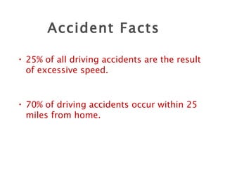 Accident Facts 25% of all driving accidents are the result of excessive speed. 70% of driving accidents occur within 25 miles from home. 