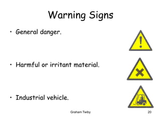 Graham Twiby 20
Warning Signs
• General danger.
• Harmful or irritant material.
• Industrial vehicle.
 