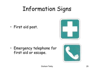 Graham Twiby 29
Information Signs
• First aid post.
• Emergency telephone for
first aid or escape.
 
