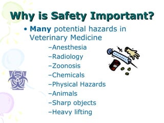 Why is Safety Important?
• Many potential hazards in
Veterinary Medicine
–Anesthesia
–Radiology
–Zoonosis
–Chemicals
–Physical Hazards
–Animals
–Sharp objects
–Heavy lifting

 