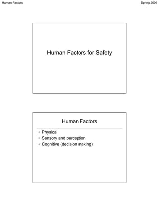 Human Factors                                   Spring 2006




                    Human Factors for Safety




                            Human Factors
                • Physical
                • Sensory and perception
                • Cognitive (decision making)
 